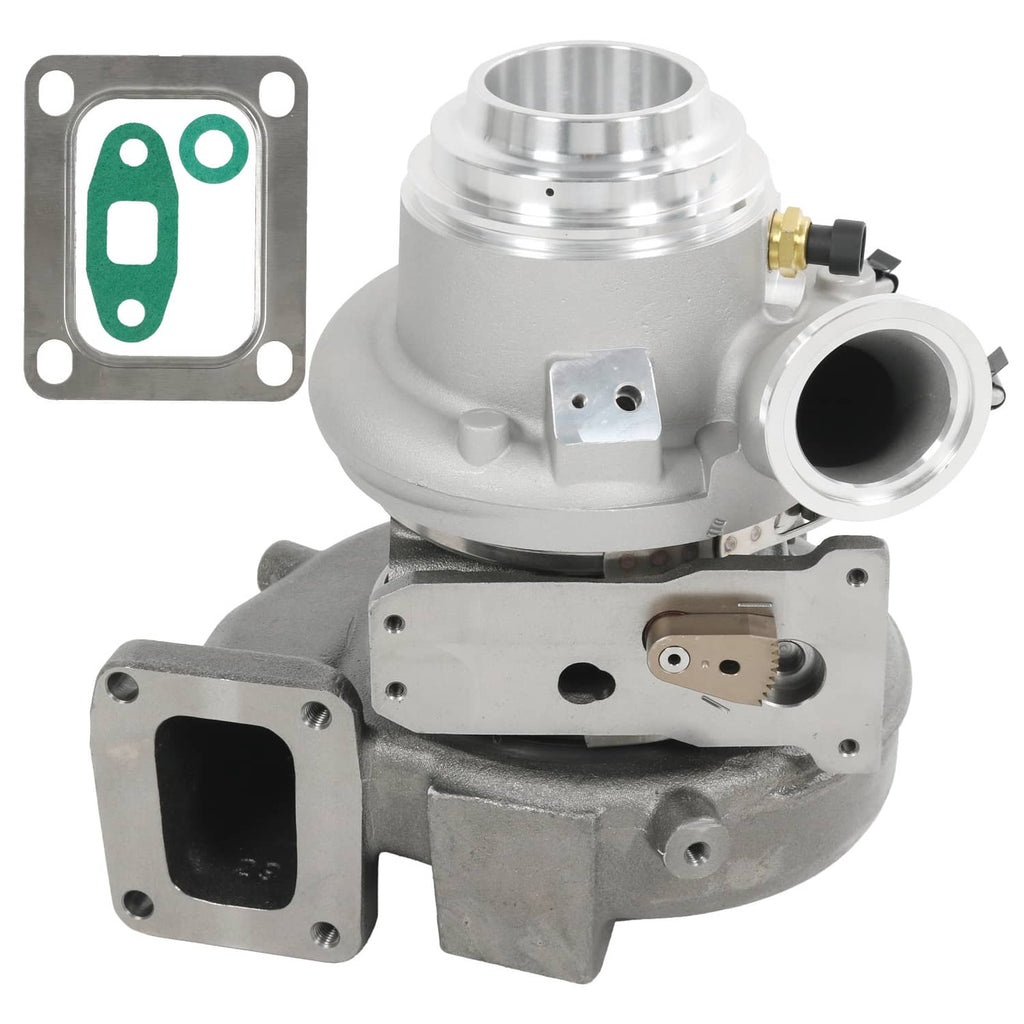 Turbocharger assembly with silver compressor housing and black exhaust outlet flange