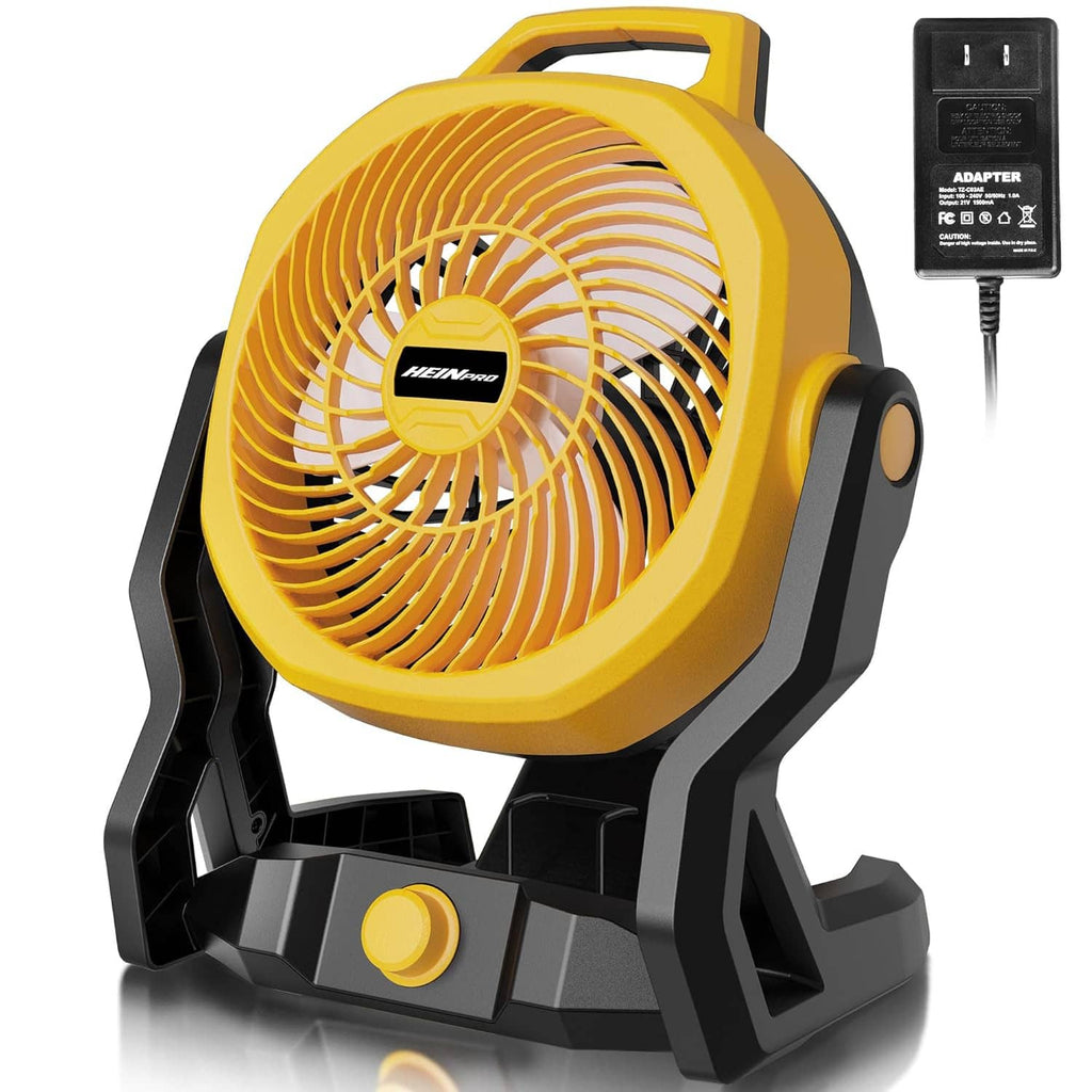 Yellow portable battery fan with black stand and grille, AC adapter included