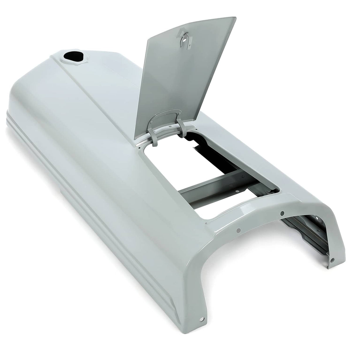 Gray tractor hood with raised battery door panel showing inner compartment
