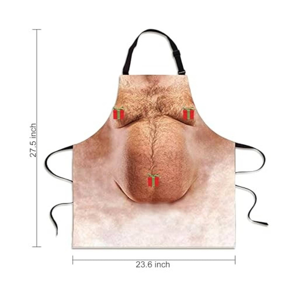 Brown novelty belly apron with black neck strap and waist ties, full front view