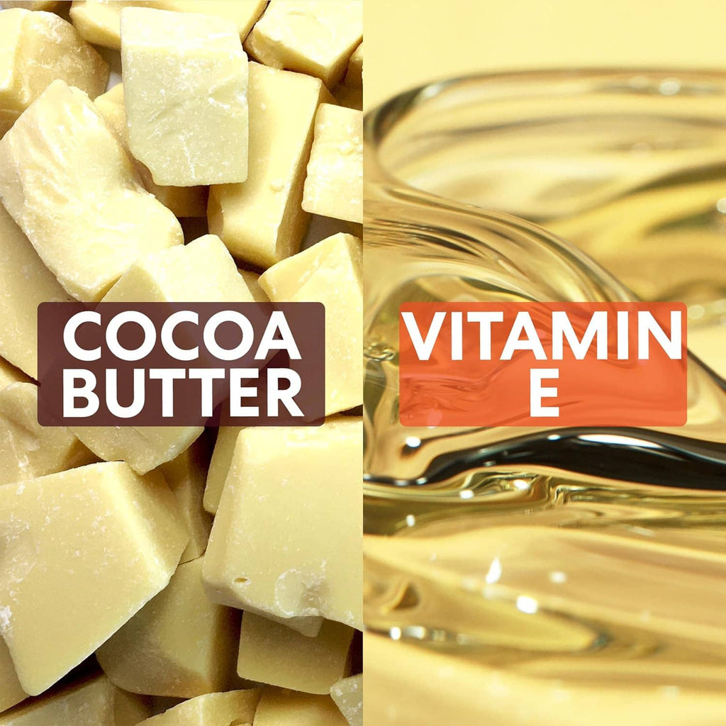 Close-up of cocoa butter chunks with a glossy pool beside a jar