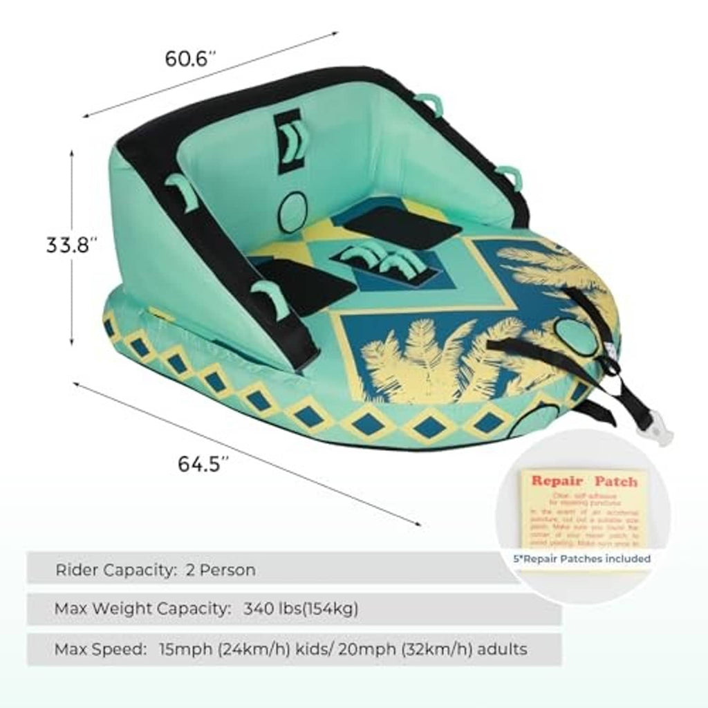Green inflatable towable boat tube with black side rails and patterned base graphic