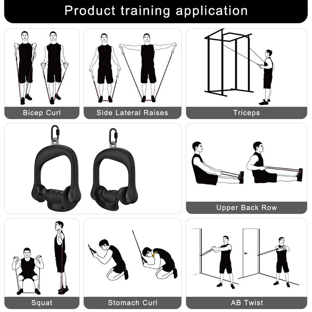Black D-handle cable grips shown for multiple workout training positions