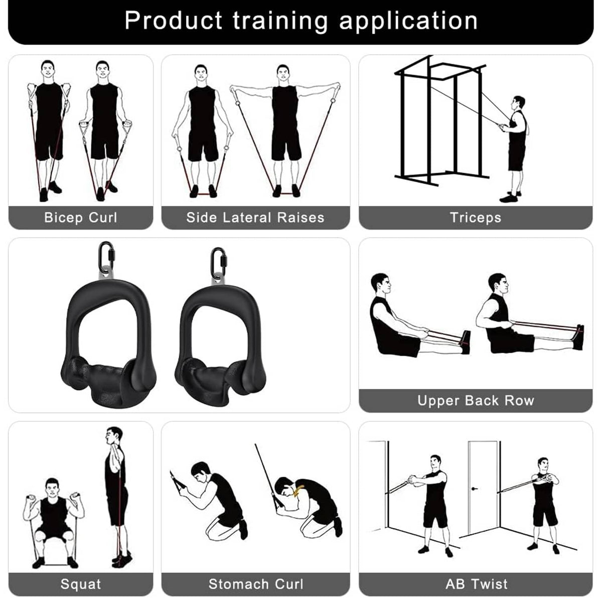 Black D-handle cable grips shown for multiple workout training positions