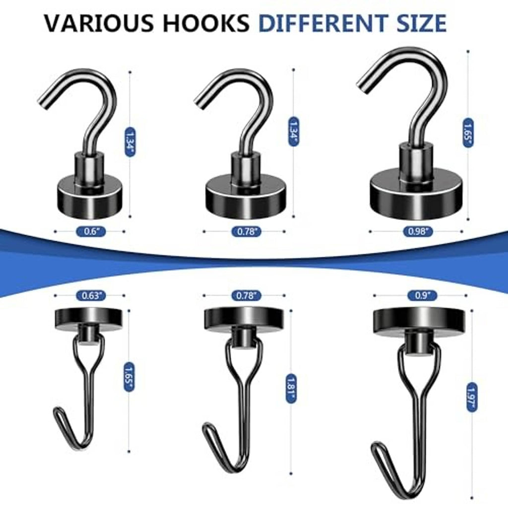 Black magnetic hooks with round bases in different sizes, curved hanging ends