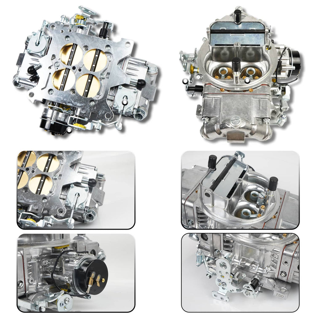 Silver 4-barrel electric choke carburetor with detailed close-up insets