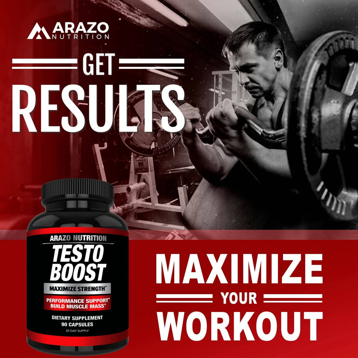 Arazo Nutrition Testo Boost dietary supplement bottle with red label and 90 capsules