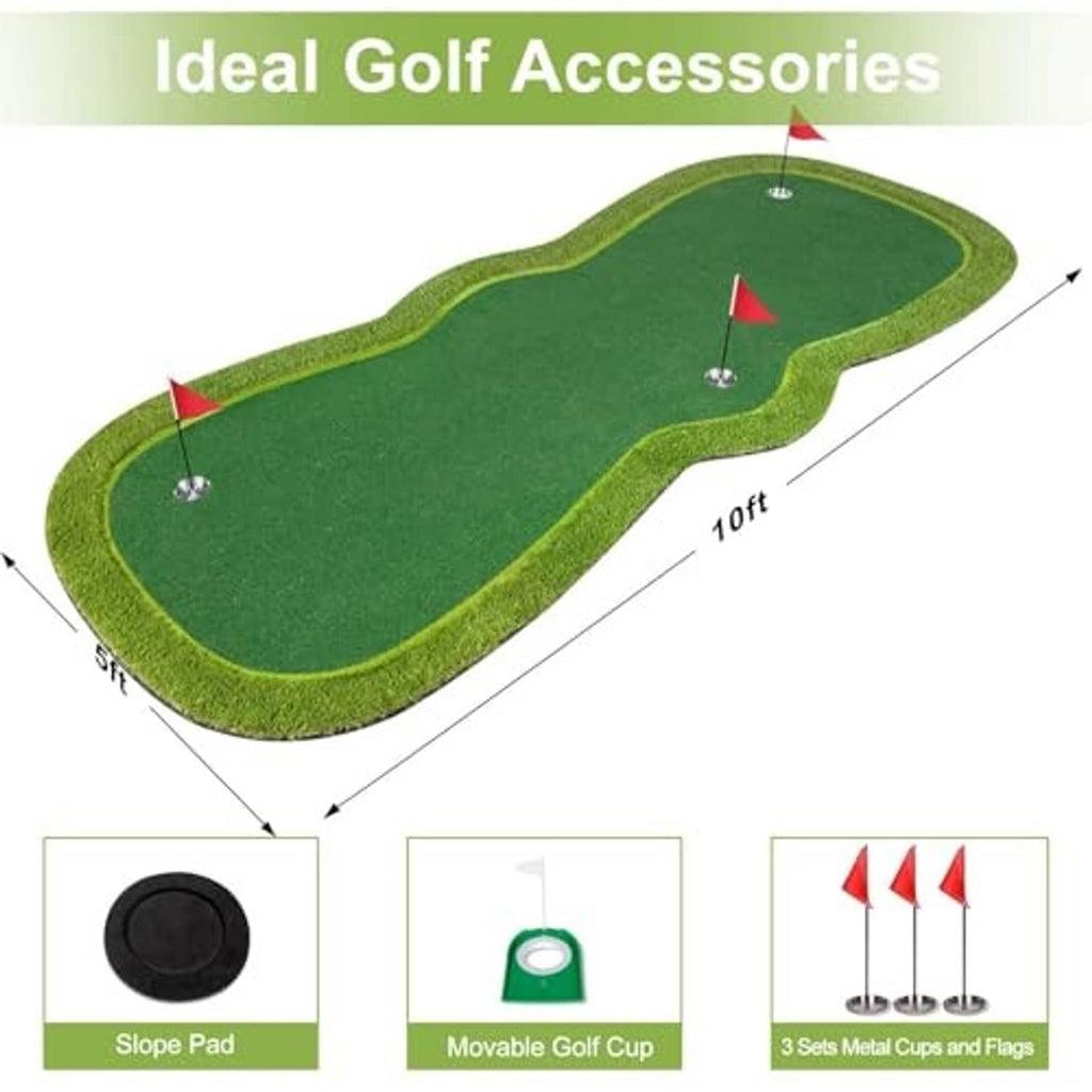 Green putting mat with red-flag holes; includes slope pad and movable cup set