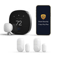 ecobee smart security 1-year plus plan screen, thermostat hub, and white access sensors