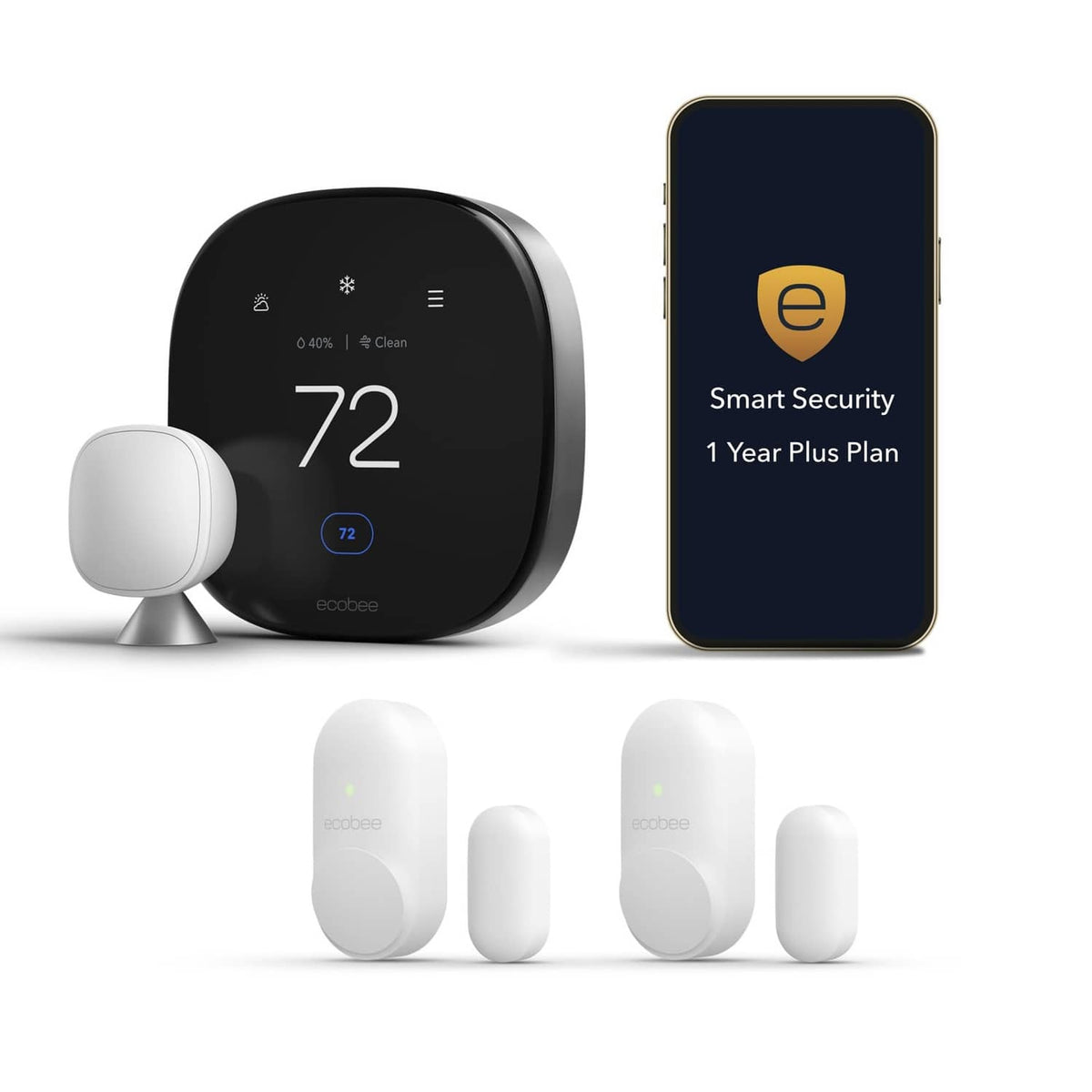 ecobee smart security 1-year plus plan screen, thermostat hub, and white access sensors
