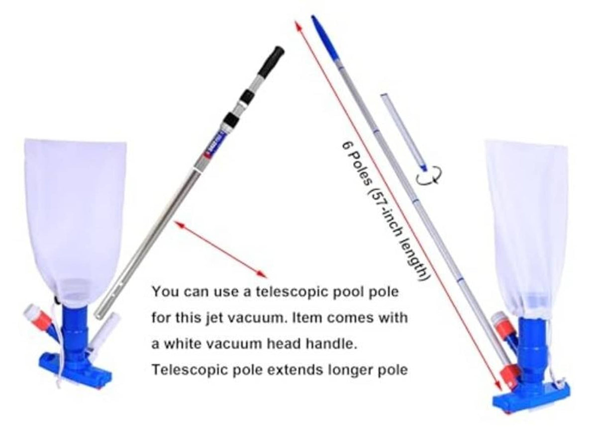 Telescoping pool vacuum with white vacuum head and blue base on poles