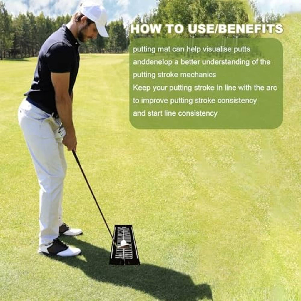 Black putting practice mat with white alignment stripes and a golf ball