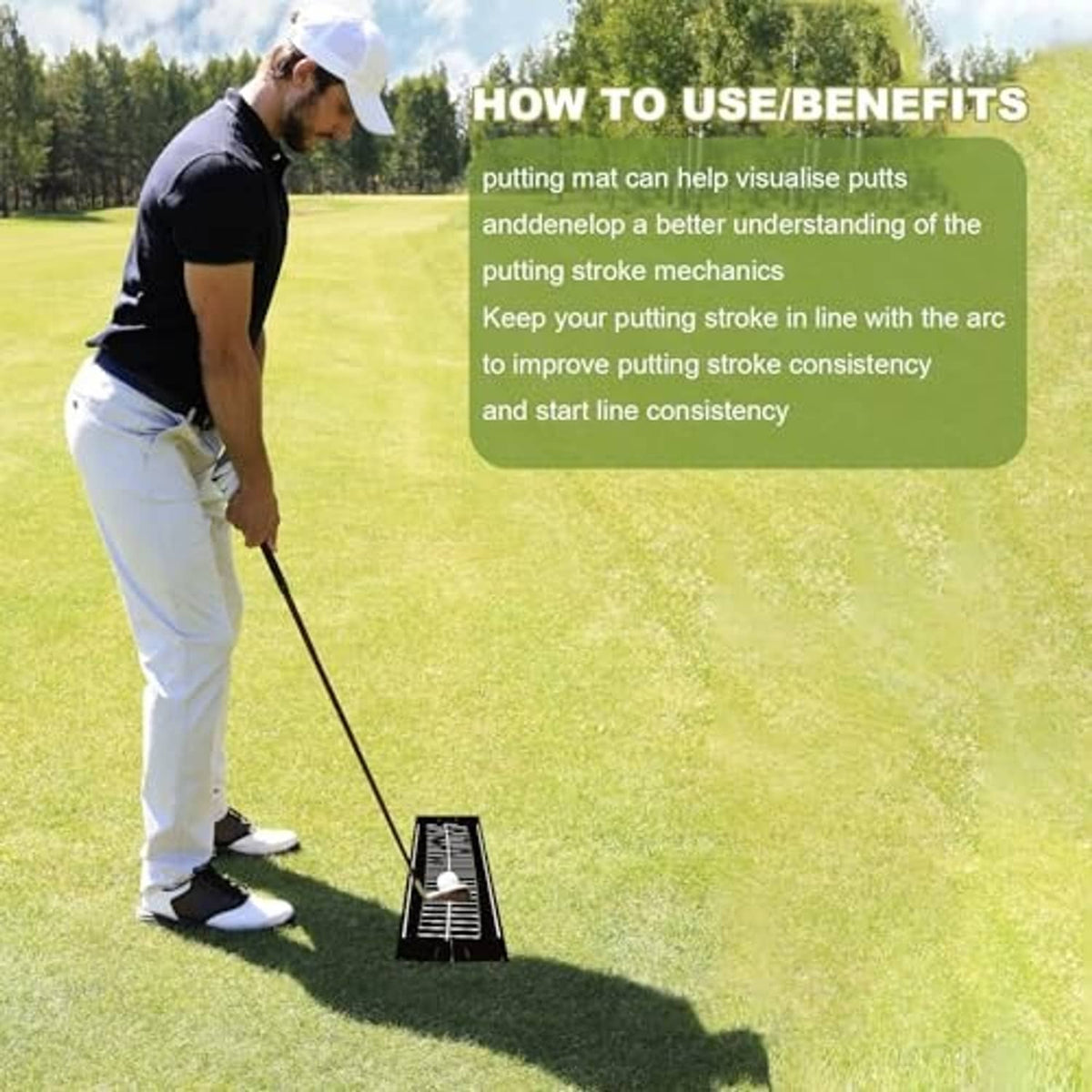 Black putting practice mat with white alignment stripes and a golf ball