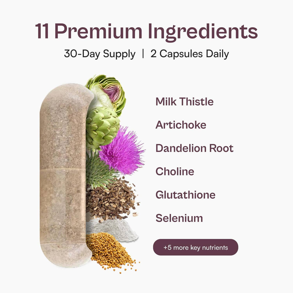 Supplement ingredient overview card listing 11 premium ingredients: milk thistle, artichoke, dandelion