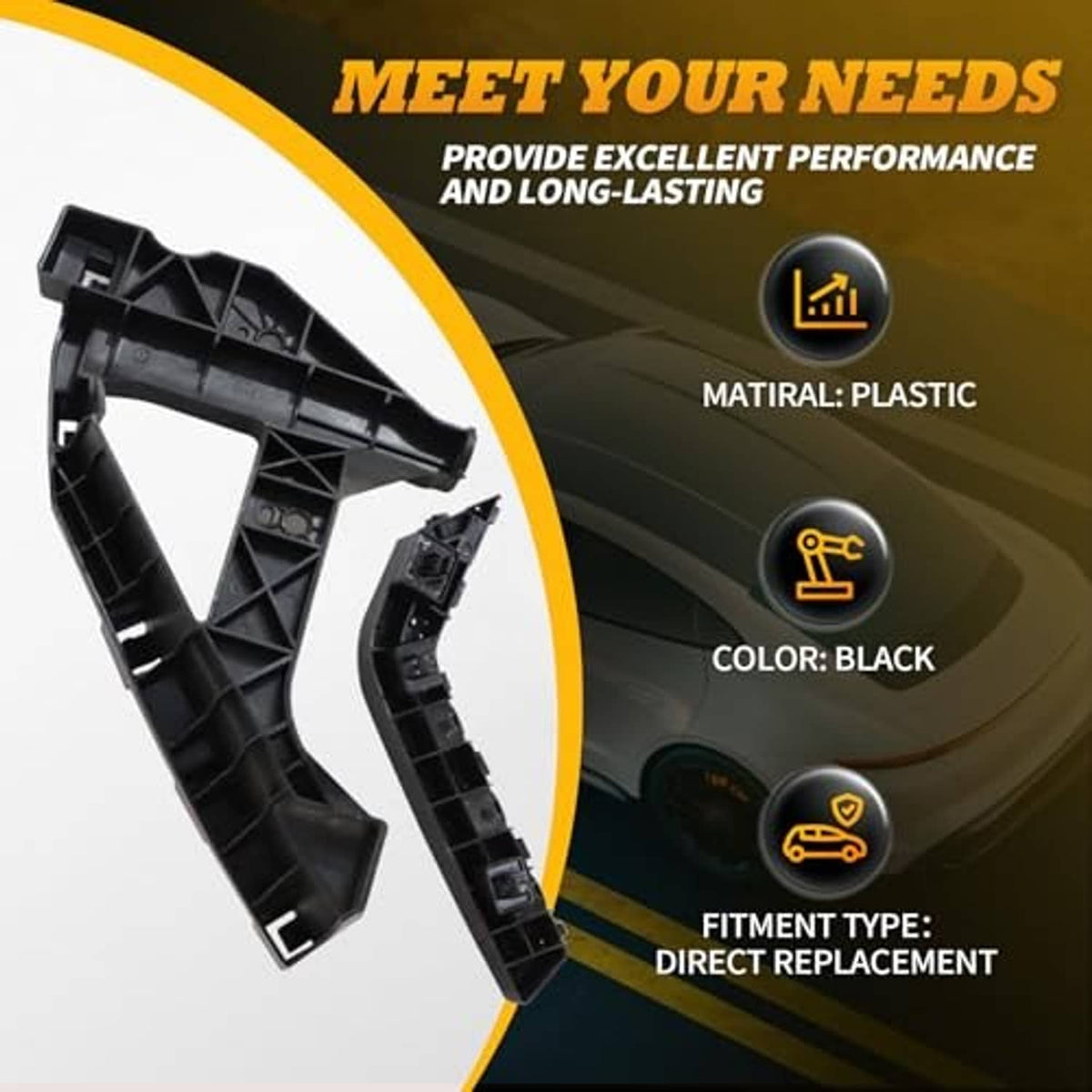 Black plastic front headlight bracket mount retainer, L-shaped with mounting holes