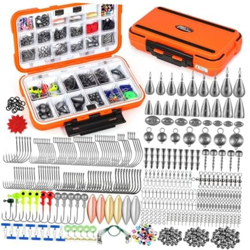 Open orange fishing tackle box kit with compartments and assorted hooks, weights, and lures