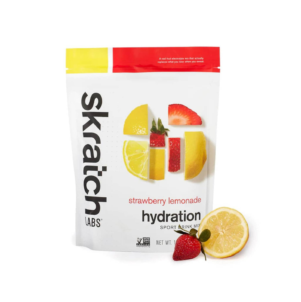 Hydration sports drink mix pouch featuring strawberry lemonade and sliced lemon and fruit