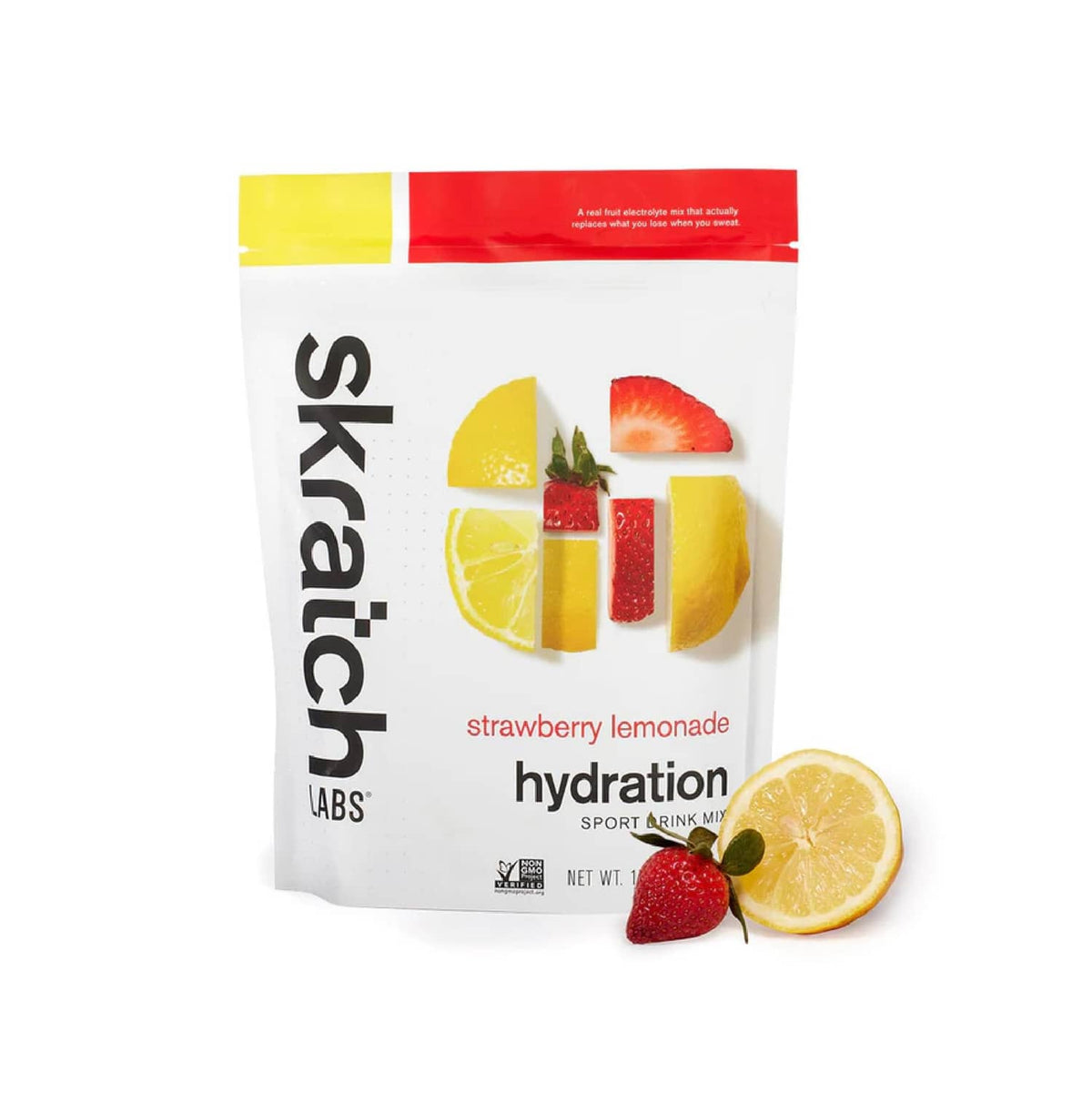 Hydration sports drink mix pouch featuring strawberry lemonade and sliced lemon and fruit