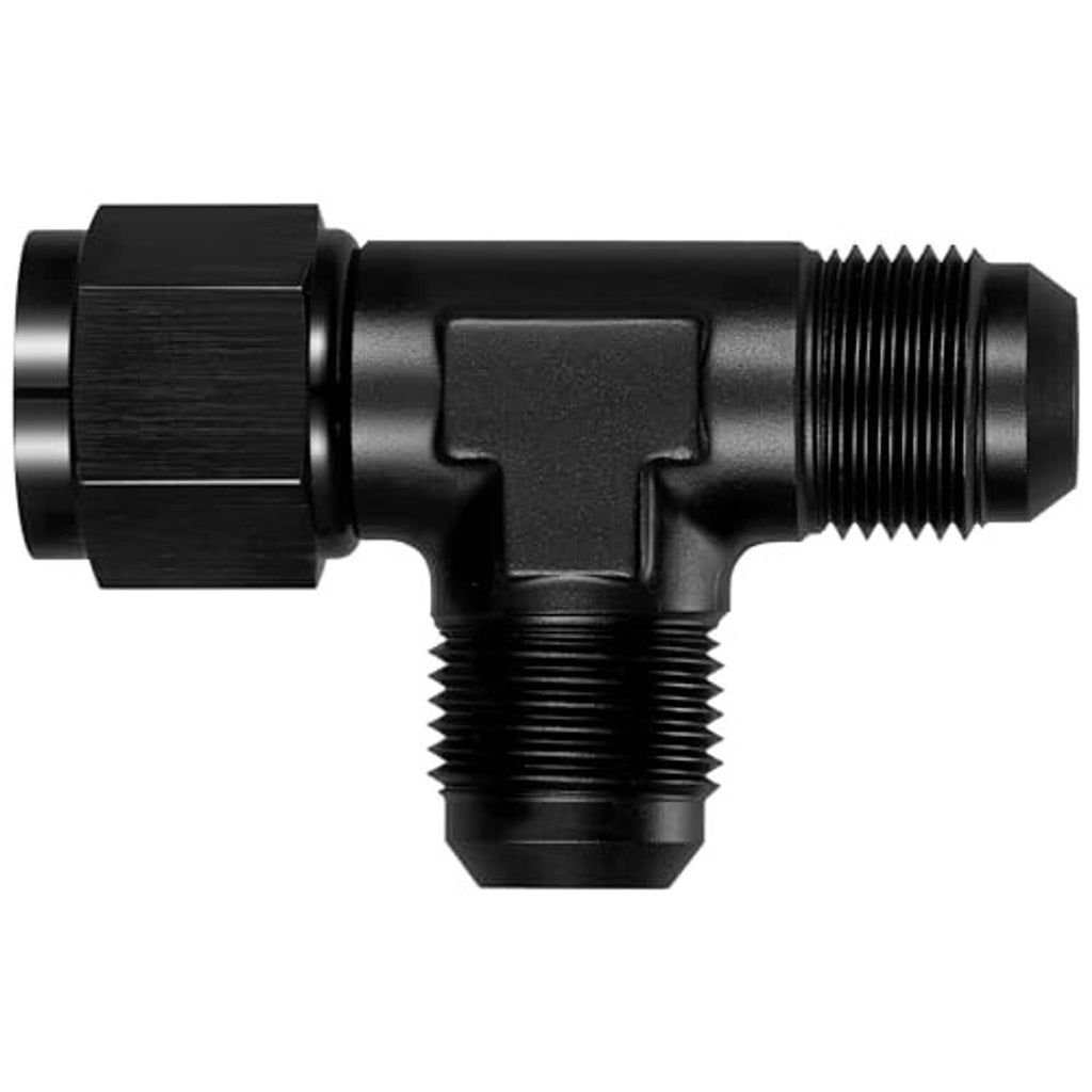 Black AN10 adapter fitting with flare male threads and female swivel connection