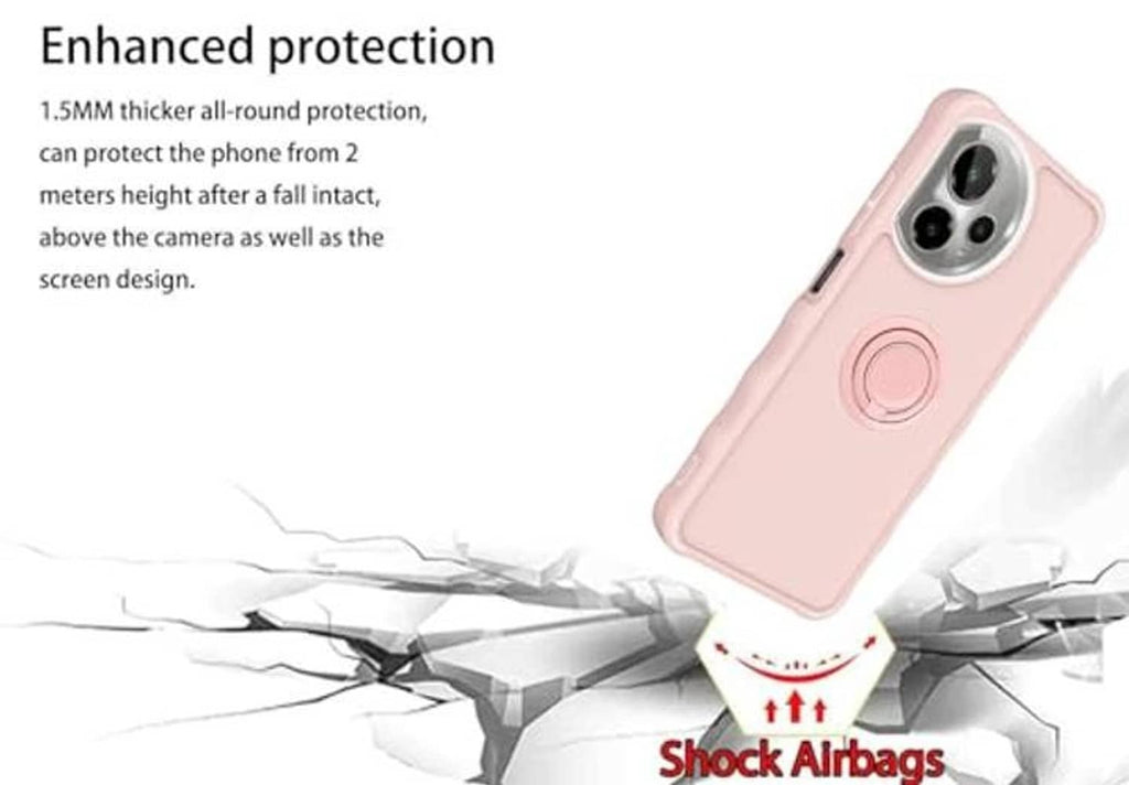 Pink phone case with camera opening and circular stand ring, shock-protection style