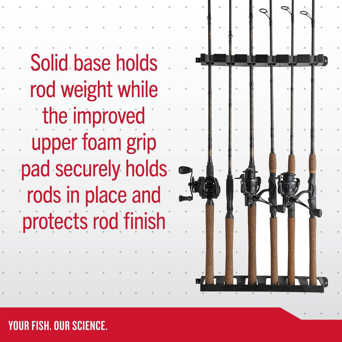 Black 6-rod vertical rack holding fishing rods with cork grips.