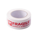 Fragile warning packing tape roll, white with red 'FRAGILE HANDLE WITH CARE' print