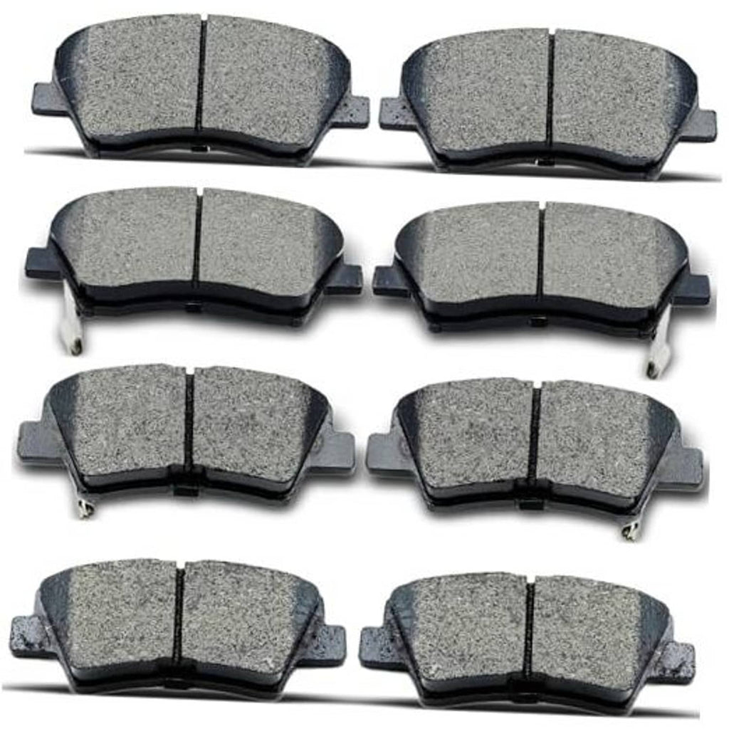 Set of gray ceramic brake pads with black backing plates, metal mounting tabs
