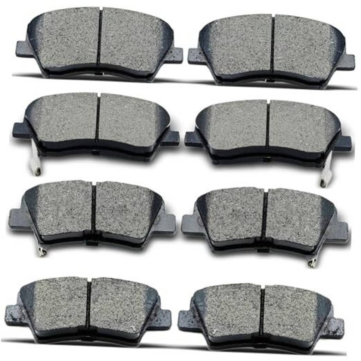 Set of gray ceramic brake pads with black backing plates, metal mounting tabs