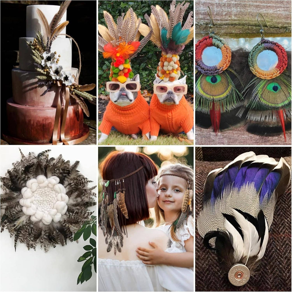 Mixed feather craft items with peacock-eye feathers and colorful handmade accessories