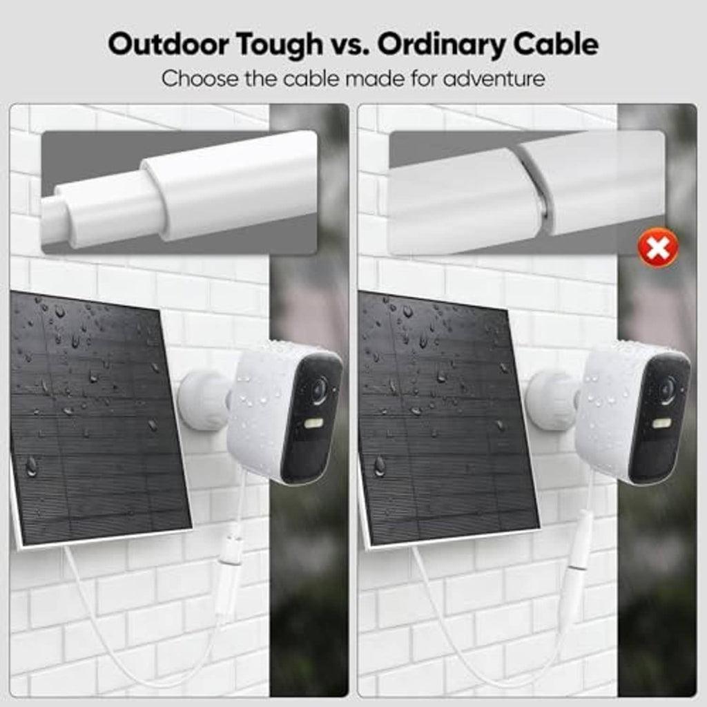 White USB-C extension cable for outdoor use, shown connected to a wall-mounted device