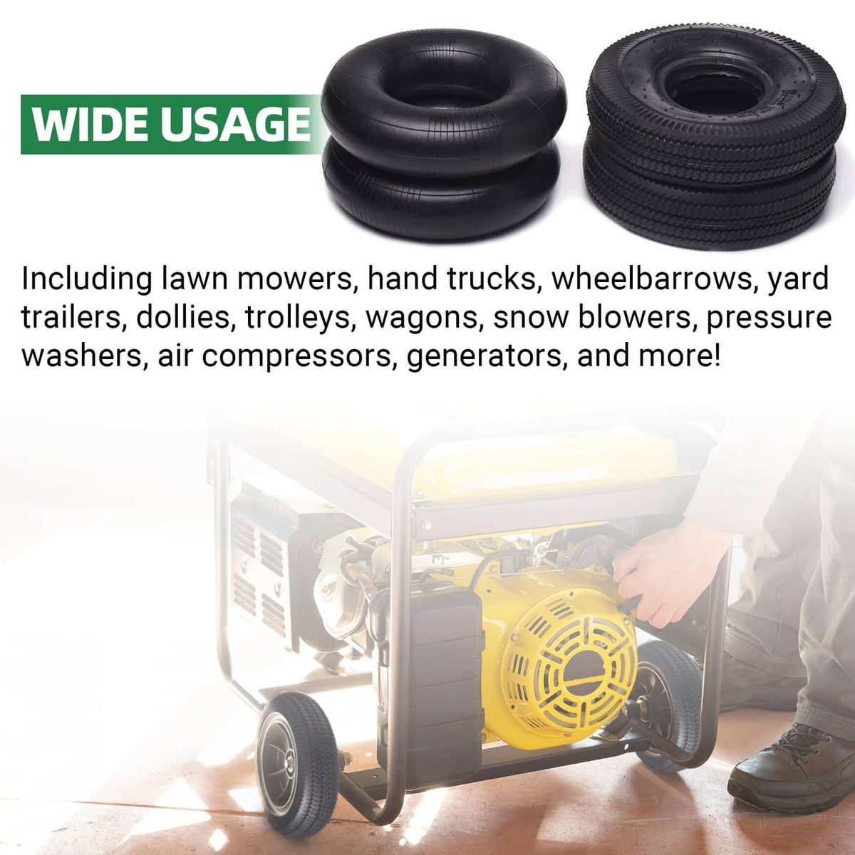 Black inner tubes and treaded replacement tires set for pneumatic wheels