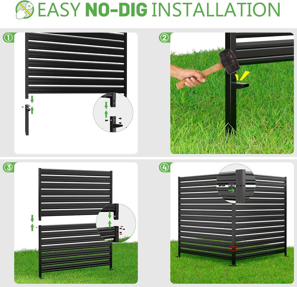 Black no-dig metal fence screen with horizontal slats and posts, installation step diagram.
