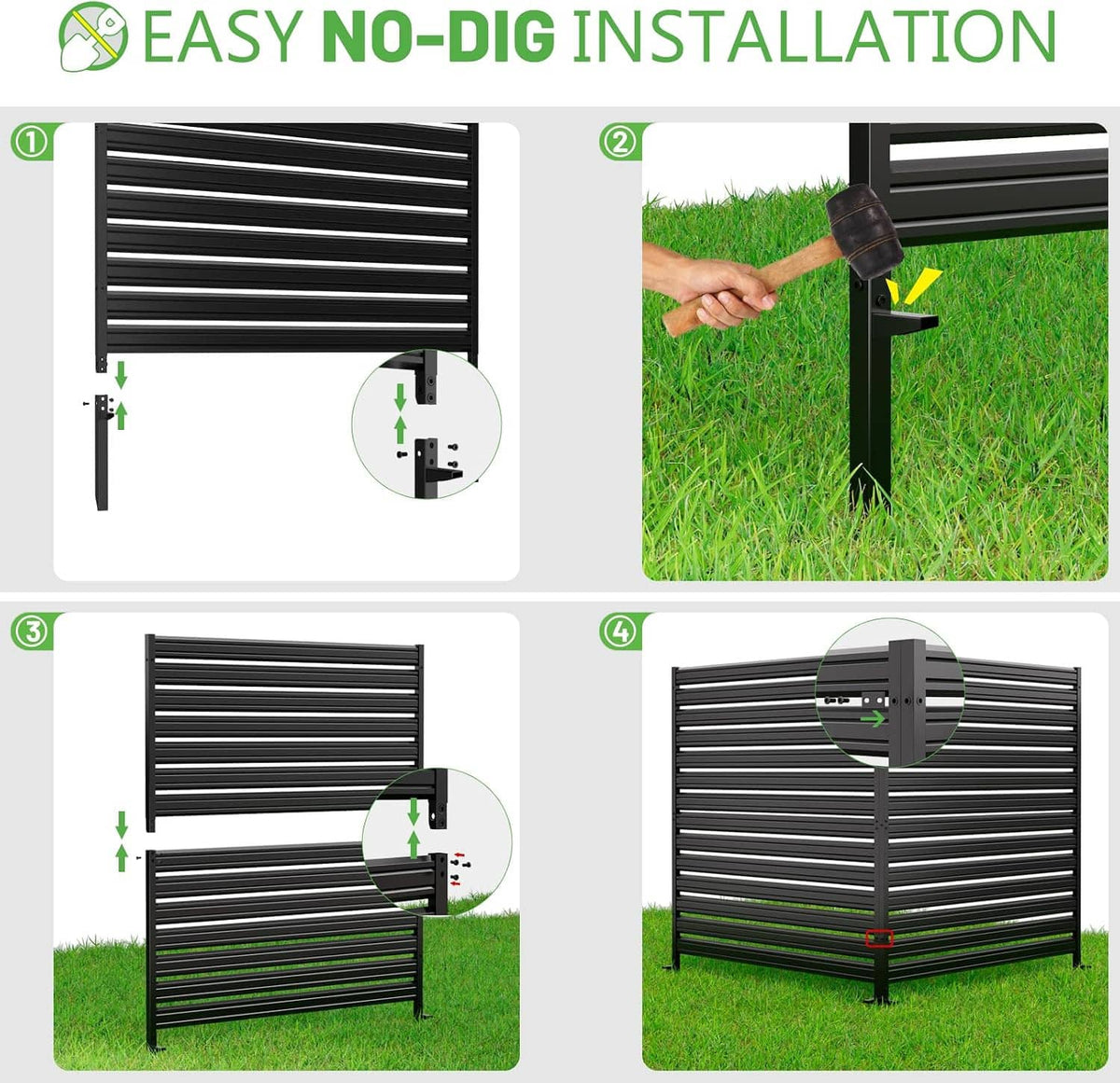 Black no-dig metal fence screen with horizontal slats and posts, installation step diagram.