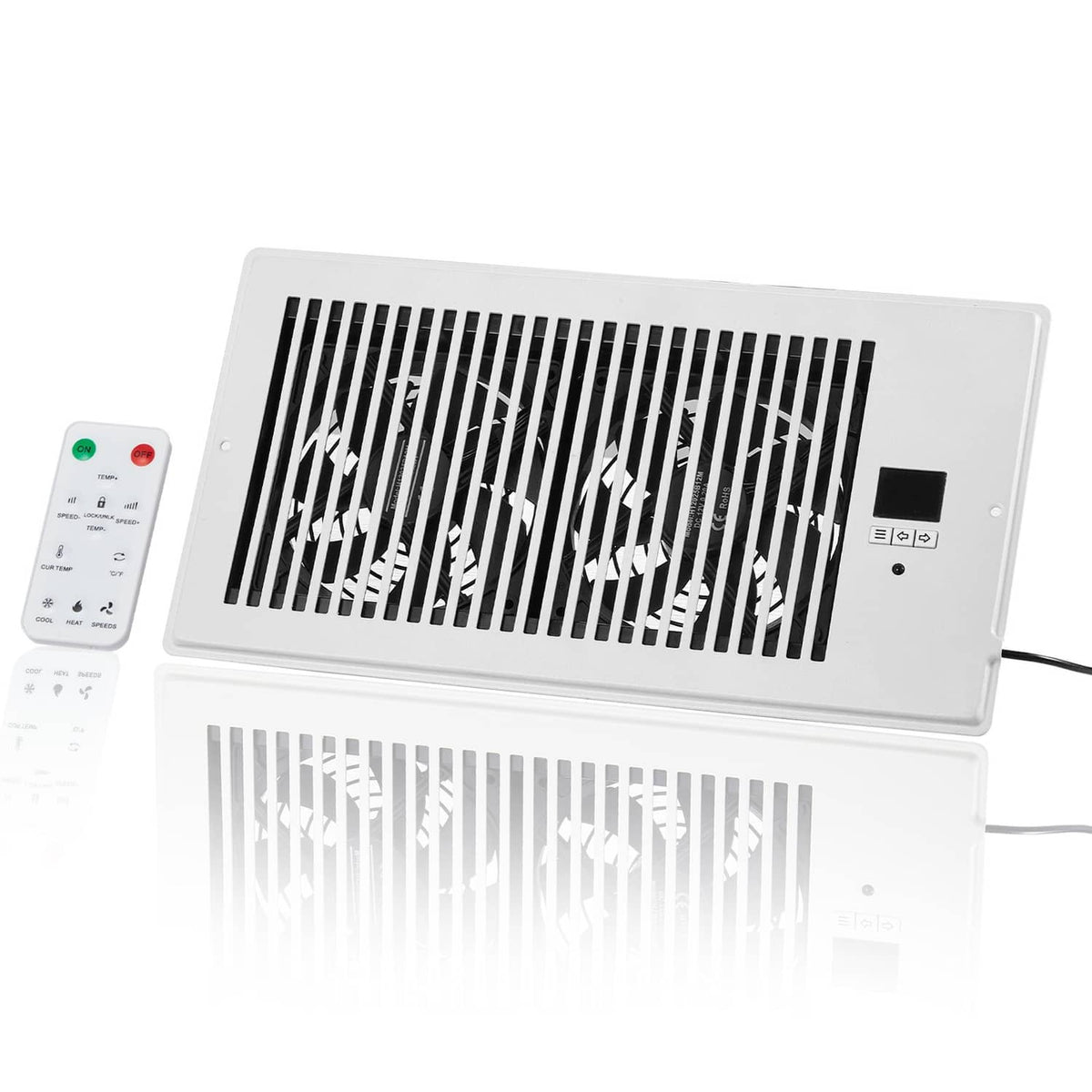 White 6x12 register booster fan with remote control and buttons