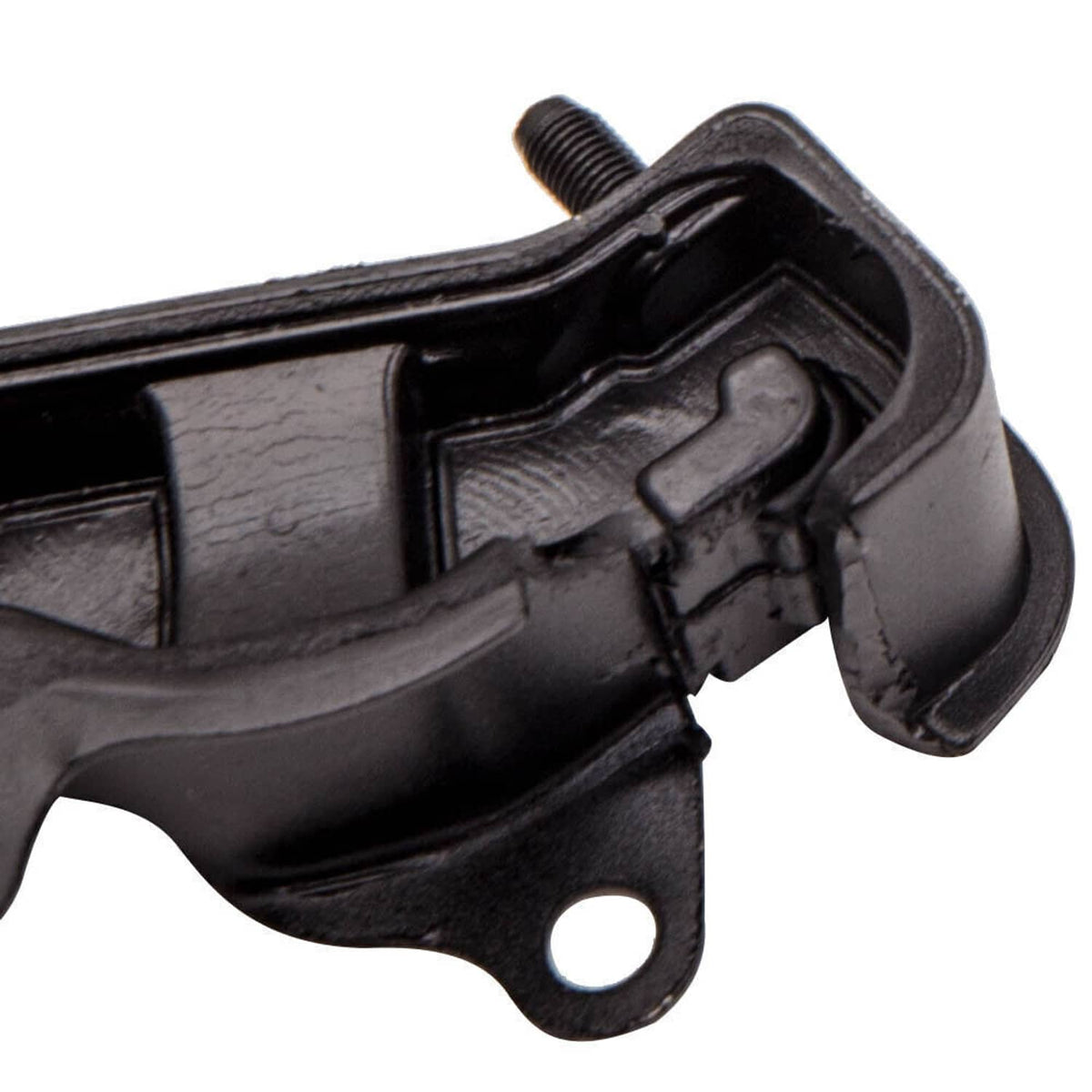 Black rubber transmission mount with steel bracket and protruding threaded stud