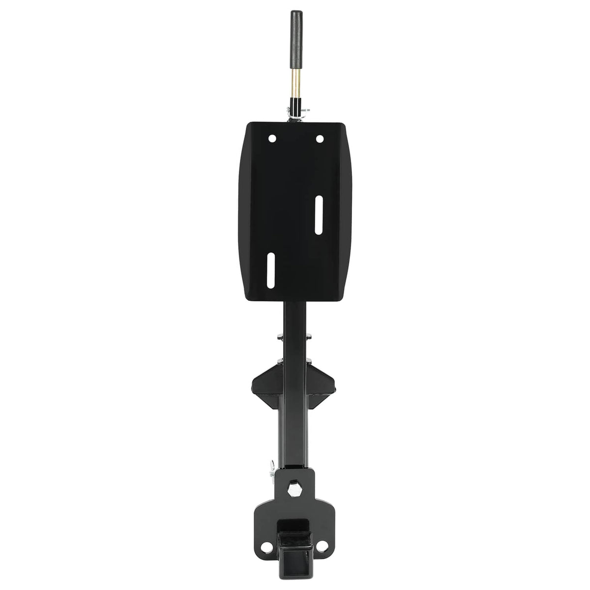 Black spare tire carrier with center mounting post and bottom bracket latch