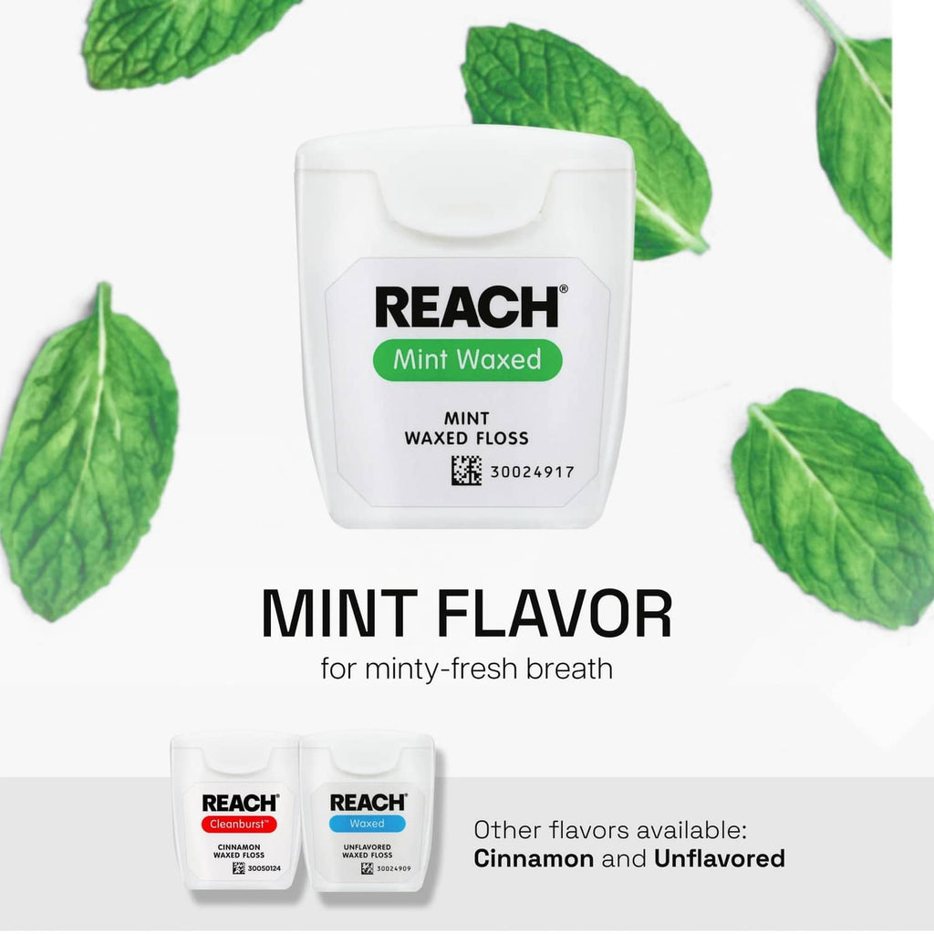 Reach mint flavored waxed dental floss pack with green leaf accents