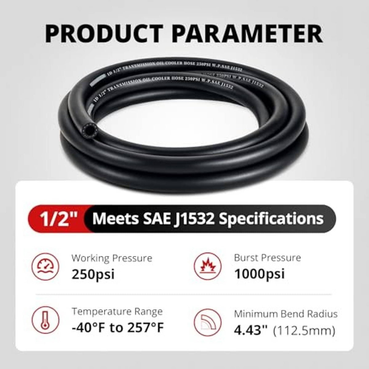 Black 1/2 in transmission oil cooler hose, 5 ft, coiled for fitment