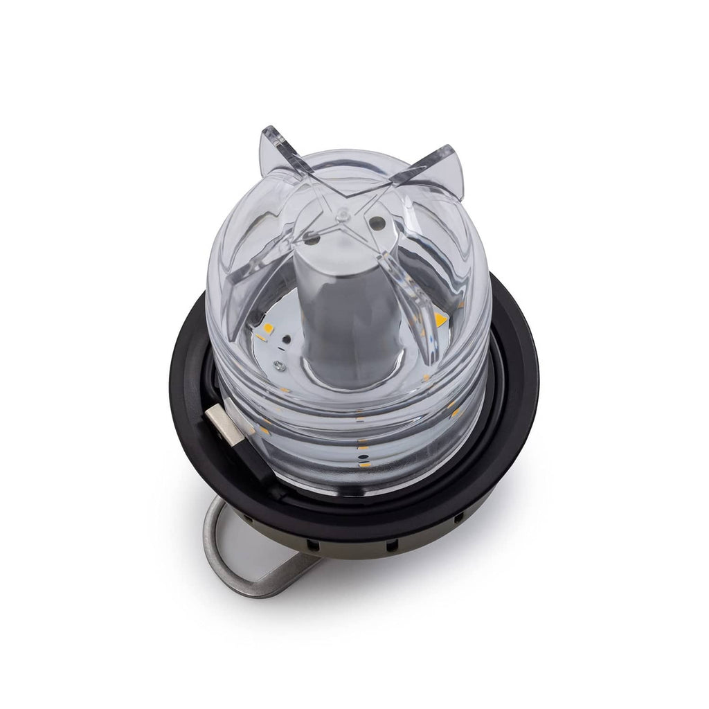 Clear globe LED lantern with black base and olive top, Barebones badge on rim