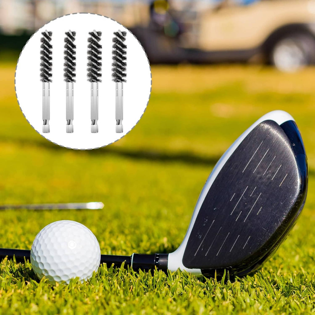 Close-up inset of silver-handled golf club brush with dense black bristles