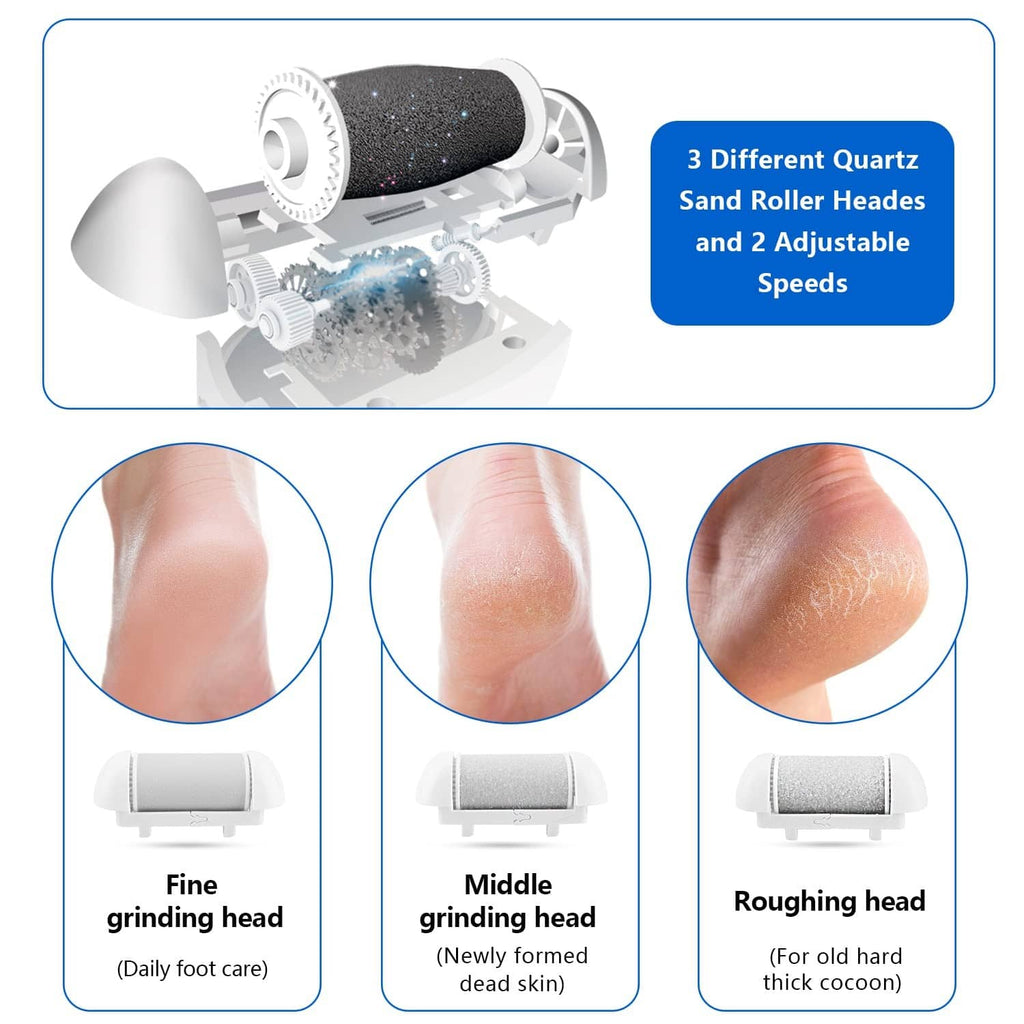 Foot callus remover with three roller heads and adjustable speed illustration