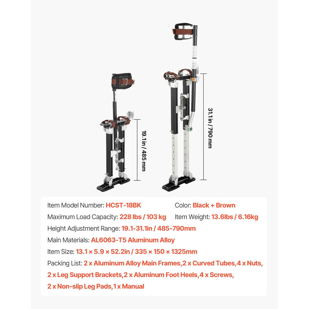 Height-adjustable drywall stilts with ladder-like rails, springs, calf braces, and base pads