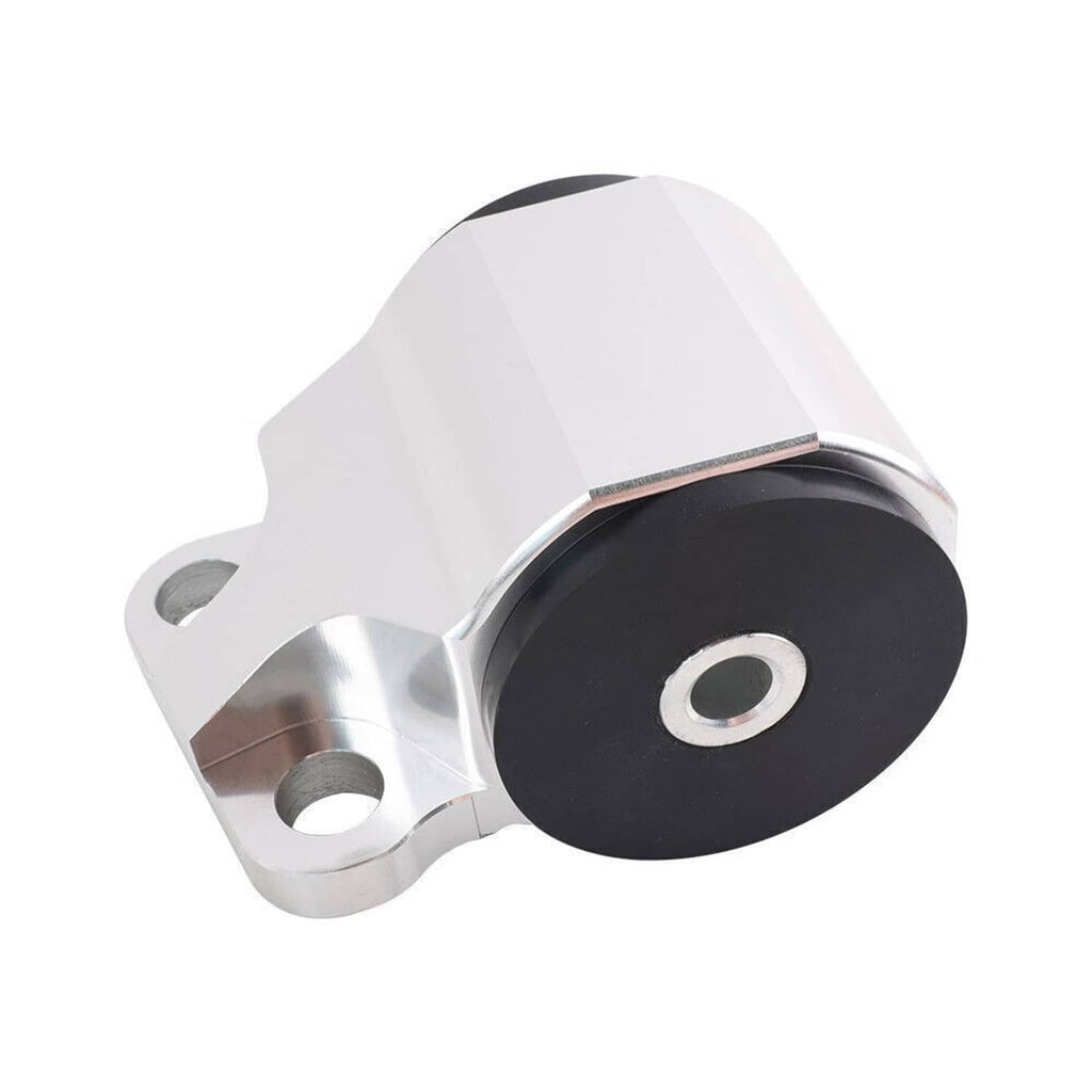 Silver engine motor mount with black rubber bushing and left-side mounting tabs
