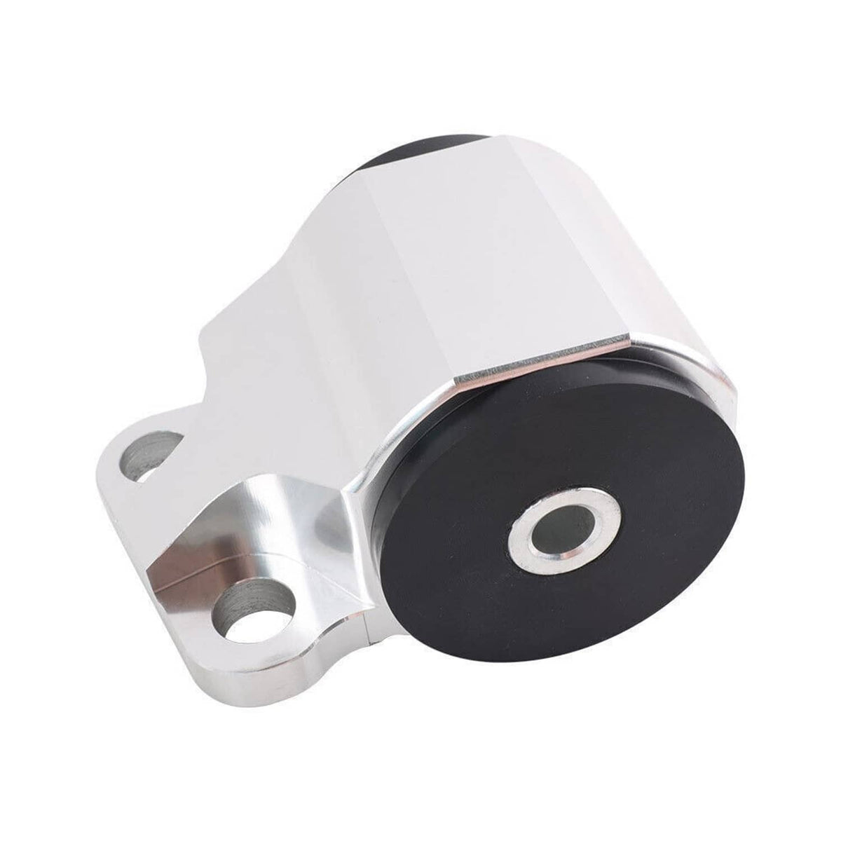 Silver engine motor mount with black rubber bushing and left-side mounting tabs