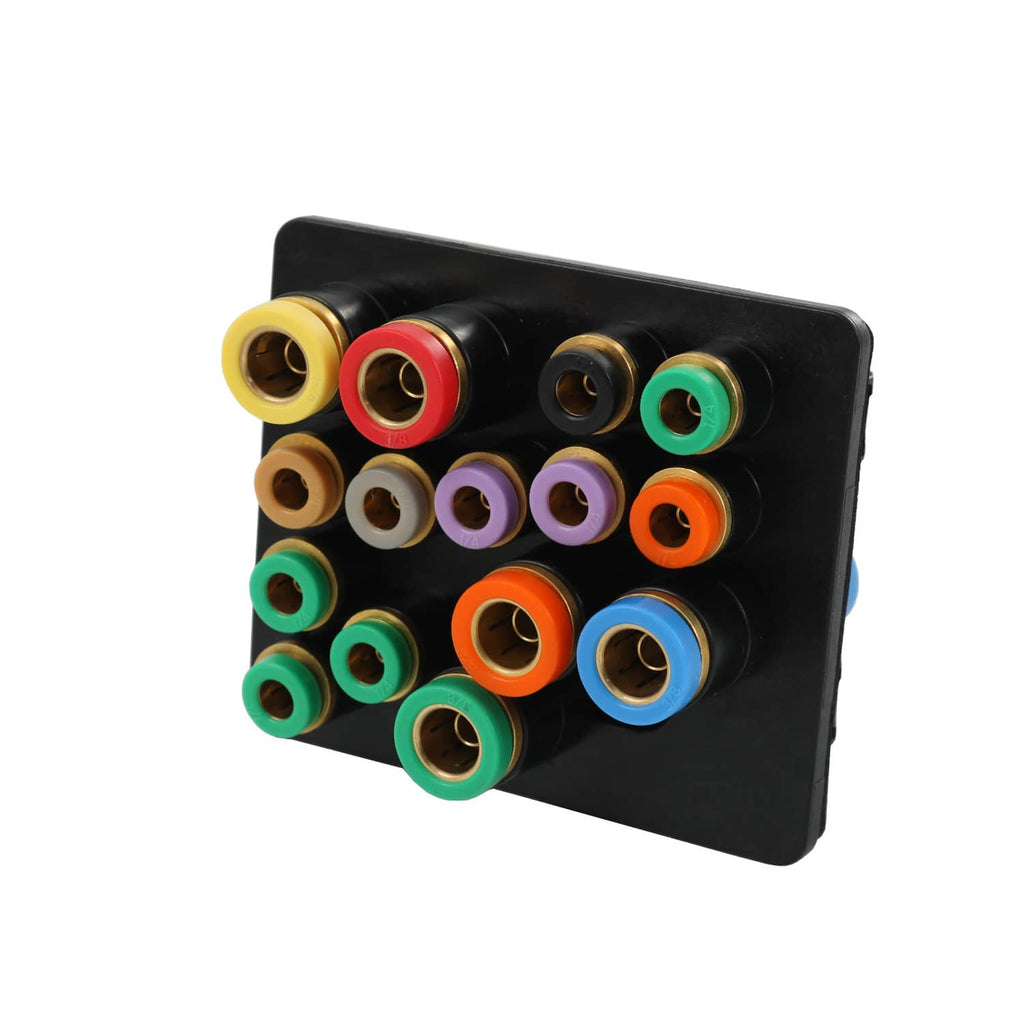 Black air manifold module with mixed-color fittings and exposed brass cores