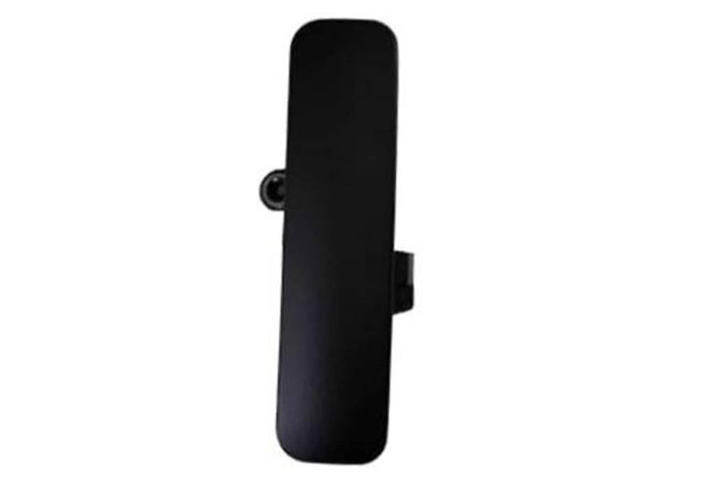 Exterior outside door handle, textured black, slim vertical shape with mounting screws