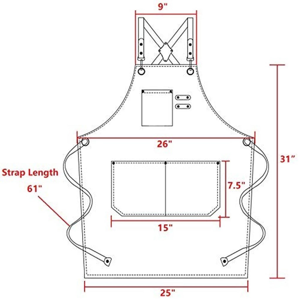 Apron size diagram showing strap length and front pocket dimensions