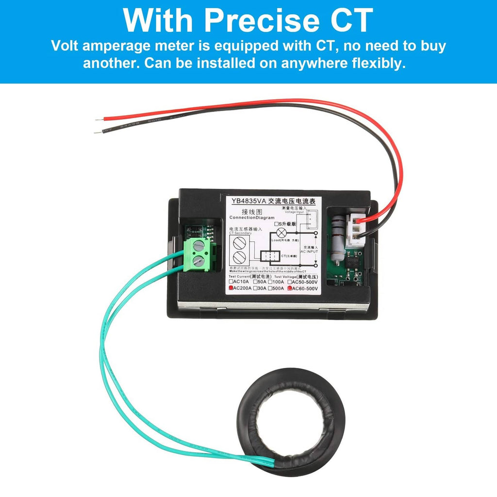Digital volt-amp meter with CT sensor and wire leads, black module and ring current sensor.