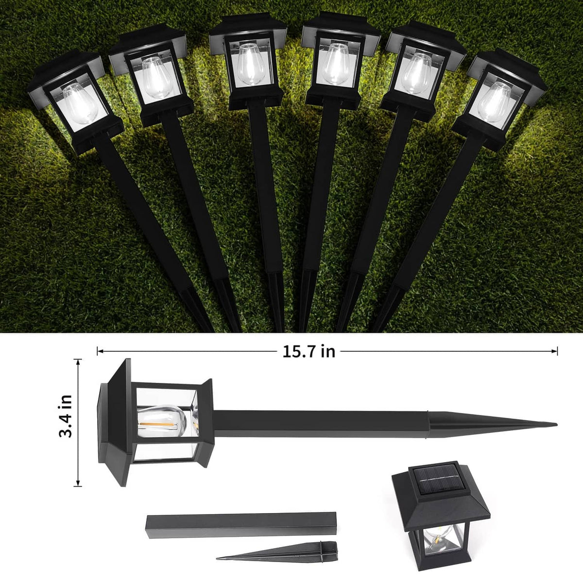 Solar pathway light stake with black lantern housing and clear panel, cool-white light