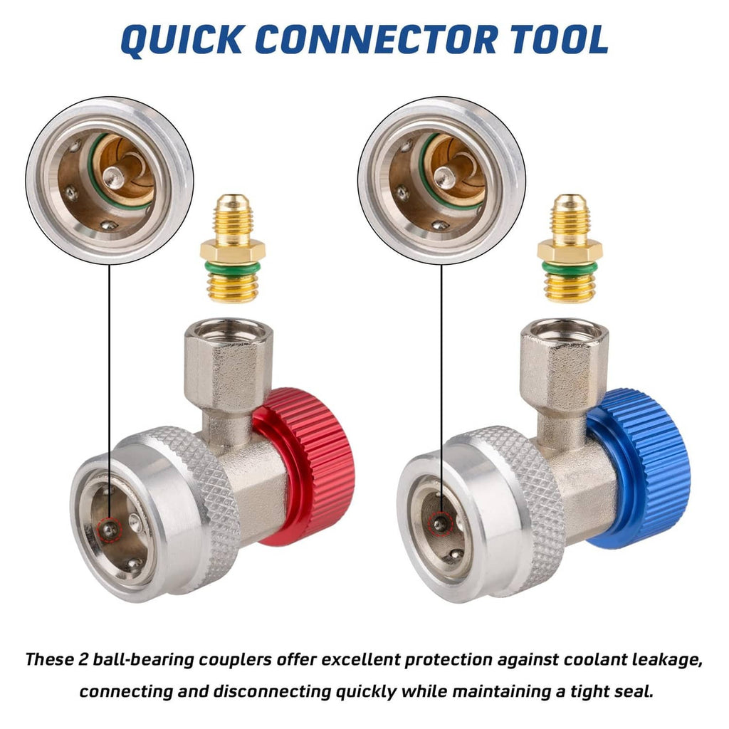 Quick-connect refrigerant coupler tool set with silver body and red/blue locking caps